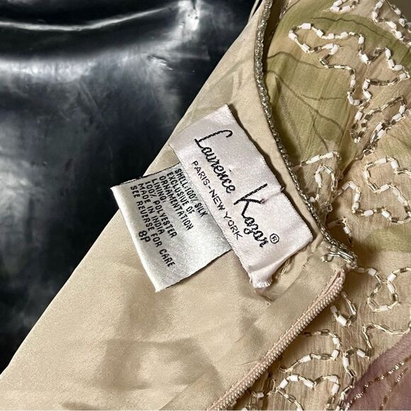 Lawrence Kazar Beaded Silk Dress Ivory Lavender Floral Scallop Short Sleeve 8 P - Picture 9 of 15